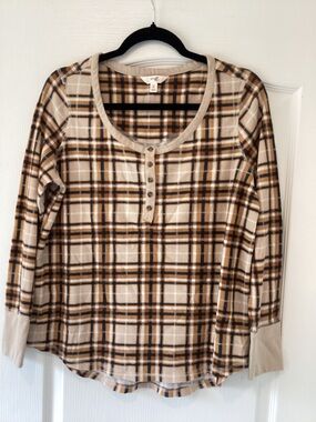 Terra & Sky Beige and Brown Plaid Henley Long Sleeve Top 0X EUC
